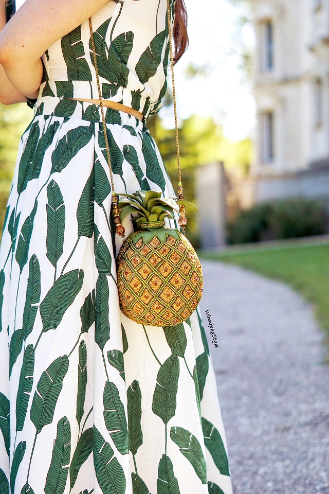 Winnipeg Style, Canadian fashion stylist, fashion blog, Chicwish palm leaf print halter maxi dress, Mary Frances beaded pineapple punch bag clutch, unique quirky blog, retro vintage classic style